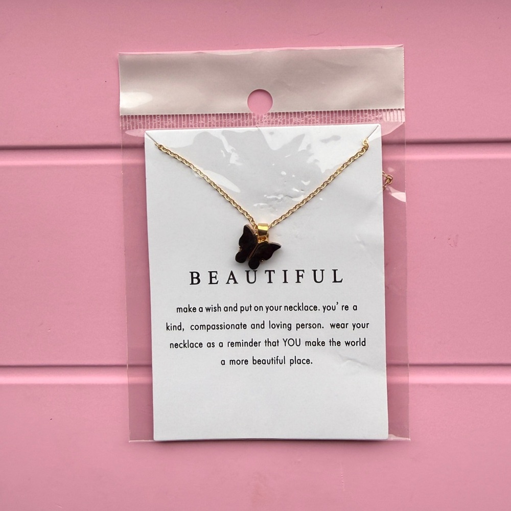Dainty Butterfly "Beautiful" Wish Necklace - Gold Tone